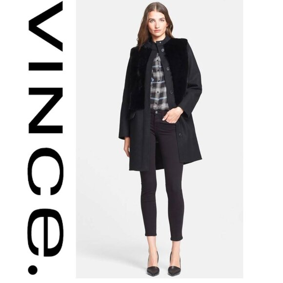 Vince Black Wool Rabbit Fur Paneled Coat XS Academia Classic Kardashian worned